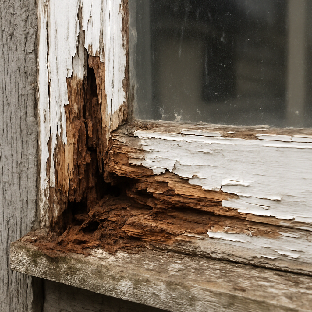 Close-up of rotten wood on an exterior window frame, showing discoloration and decay caused by moisture exposure.